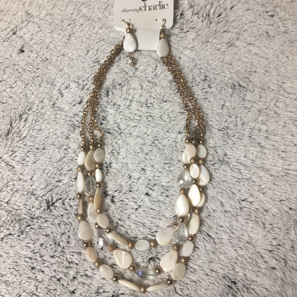 White Beaded Necklace/Earring Set on Gold Chain